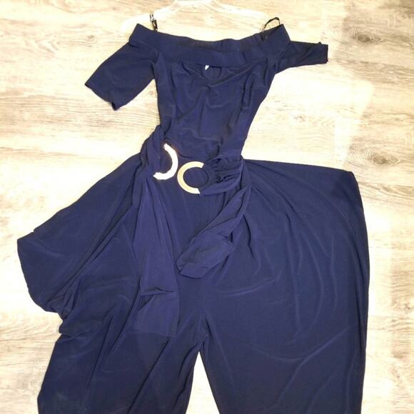 Joseph Ribkoff Jumpsuit Off Shoulder Navy Easy Fit Belted Wide Leg Size 8